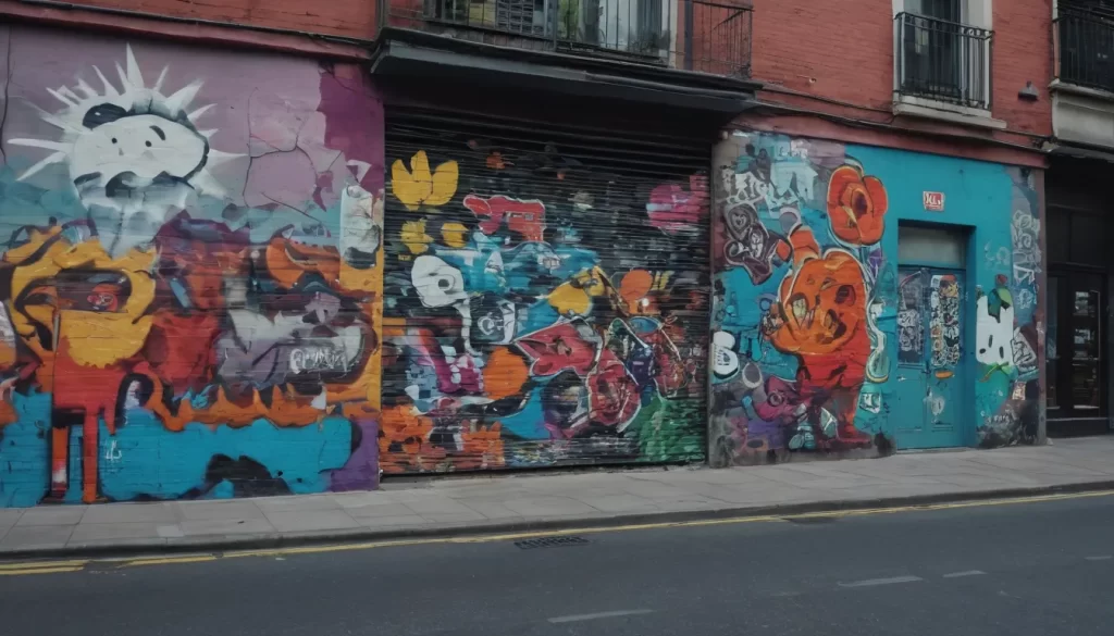 El arte callejero se combina con divertidas pegatinas en esta vibrante escena.